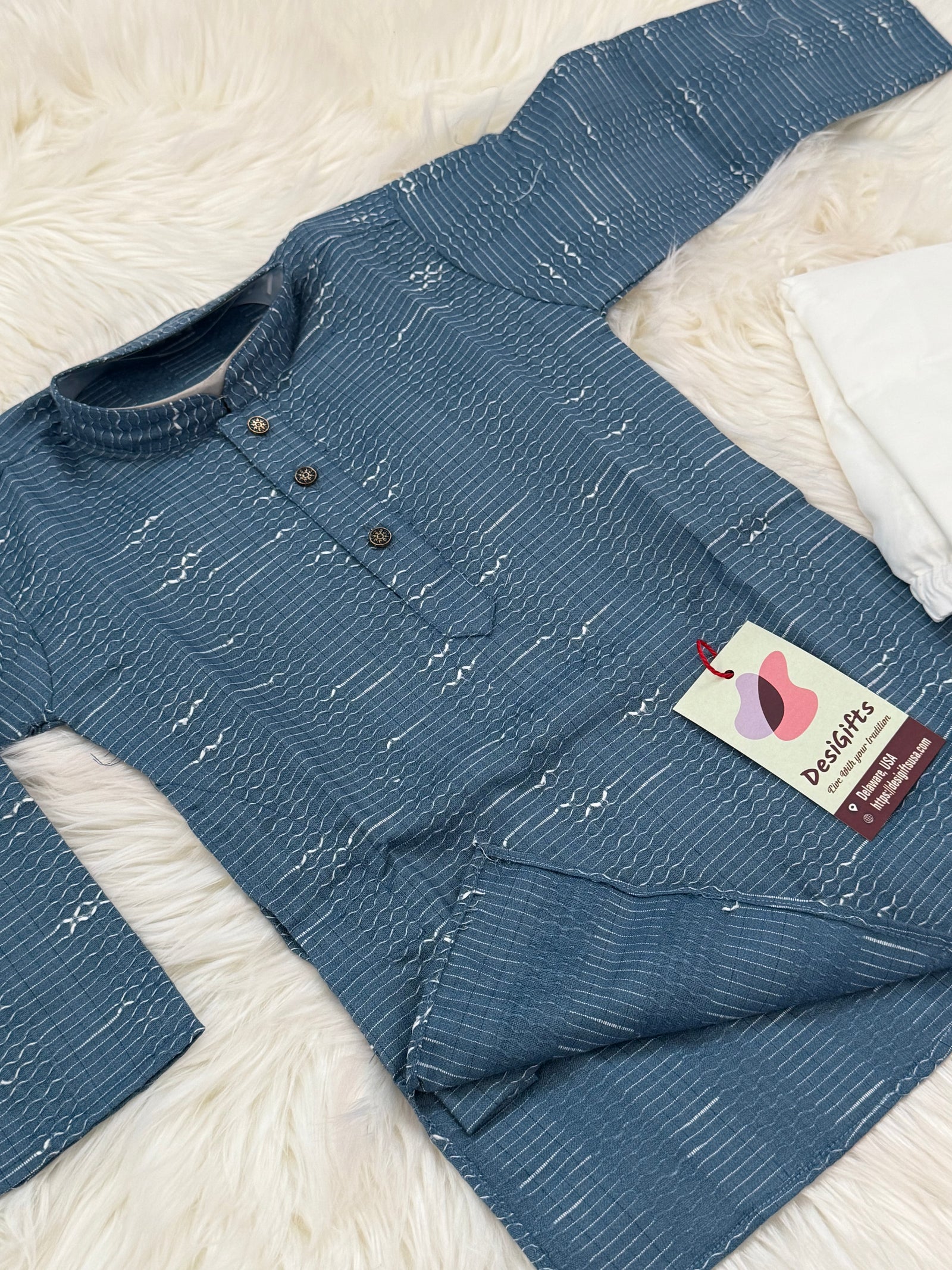 Teal Blue Shade Boy's Soft Cotton Silk Embroidered Kurta Pajama - Design BOY-1919