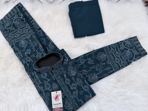 Men’s Deep Teal Blue with Silver Embroidered Kurta Pajama Set with Sequin Accents | Chikankari-Style Wedding & Festive Indian Outfit, KP- 3060