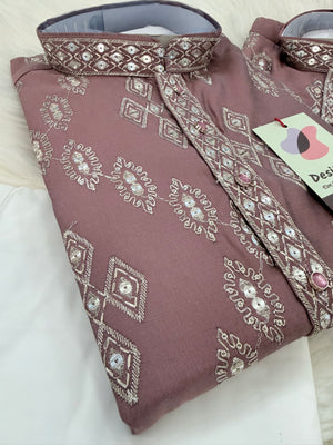 Father & Son Matching Dusty Rose Kurta Pajama Set | Silver Zari-Style Embroidery, Sequin Work | Festive Wear, DM -4039