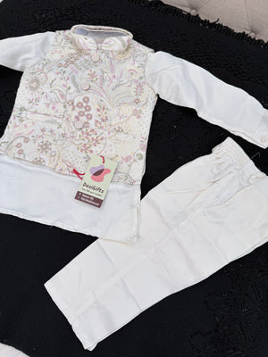 3 Piece Cream Kurta Pajama with Embroidery Jacket Set, Cotton Sateen Kurta, Father & Son's Outfit, DM - 2014