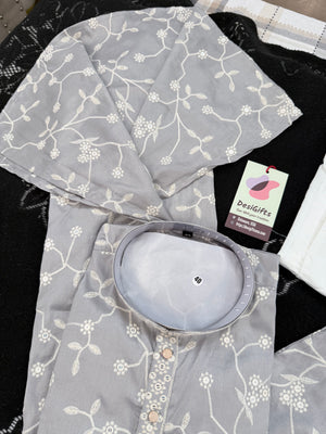 Men’s Light Gray Embroidered Kurta Pajama Set with with White Floral Embroidery, Sequins Work, Indian Ethnic Wear, KPS-3008
