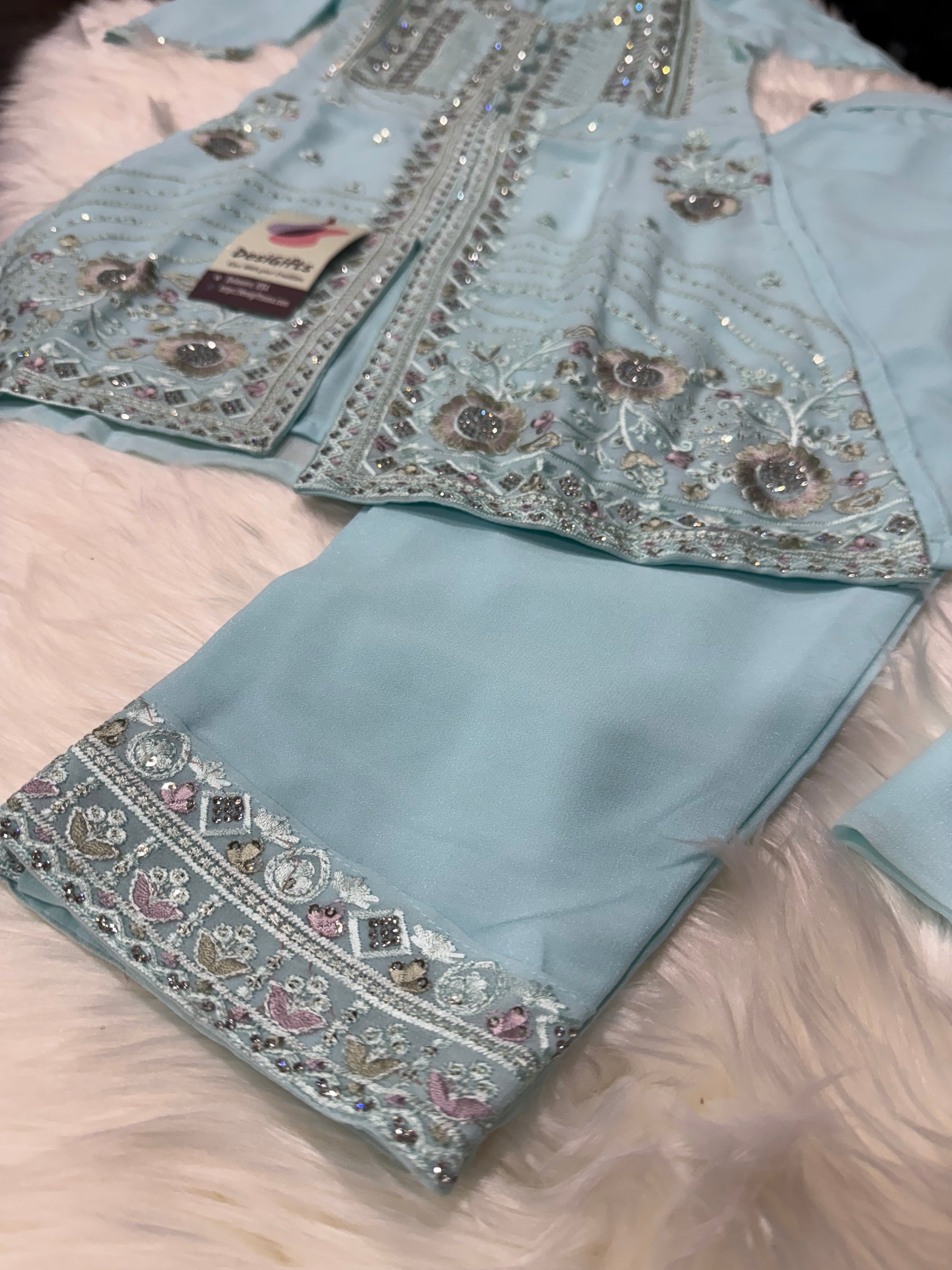 Graceful Sky Blue 3-Piece Girls’ Kurti Set with Intricate Embroidery and Sequin Detailing, Design G-1948