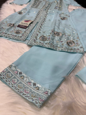 Graceful Sky Blue 3-Piece Girls’ Kurti Set with Intricate Embroidery and Sequin Detailing, Design G-1948