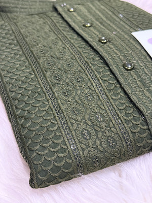 Exquisite Chikankari Sequins 2 Piece Kurta Pajama Set for Man, Dark Green Shade, Embroidered Party Man's Wear, KP - 1939