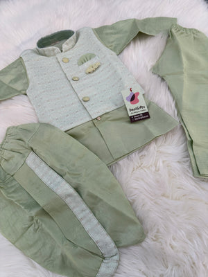 Green Shade 4 Piece Boy's Cotton  Silk Ethnic Kurta with Jacket, Dhoti and Pajama- Design B-2005
