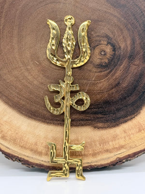6" Golden Trishul Om Swastik Wall Hanging – Spiritual Metal Décor for Home & Temple, S5M-3047