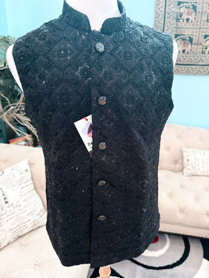 Premium Black Heavy Embroidered Jacket for Men – Sequin & Thread Work Wedding Waistcoat J - 3035