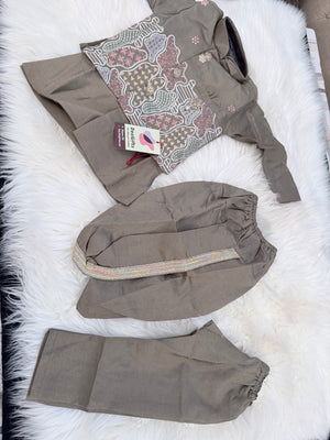 Boys Dusty Olive Green Kurta Pajama Set with Floral Jacket | Dhoti and Pajama| Indian Wedding Festive Ethnic Wear for Kids, B-4054