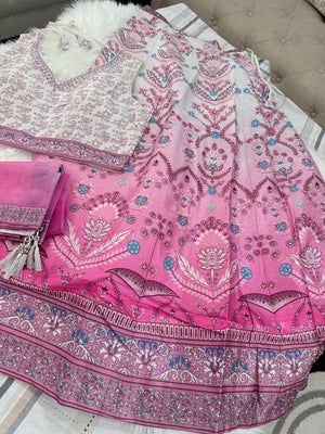 Pink & Ivory Floral Printed Lehenga Choli Set with Dupatta – Ombre Digital Print, Mirror-Style Sequin Accents, Indian Wedding & Festive Wear, LHG-4012