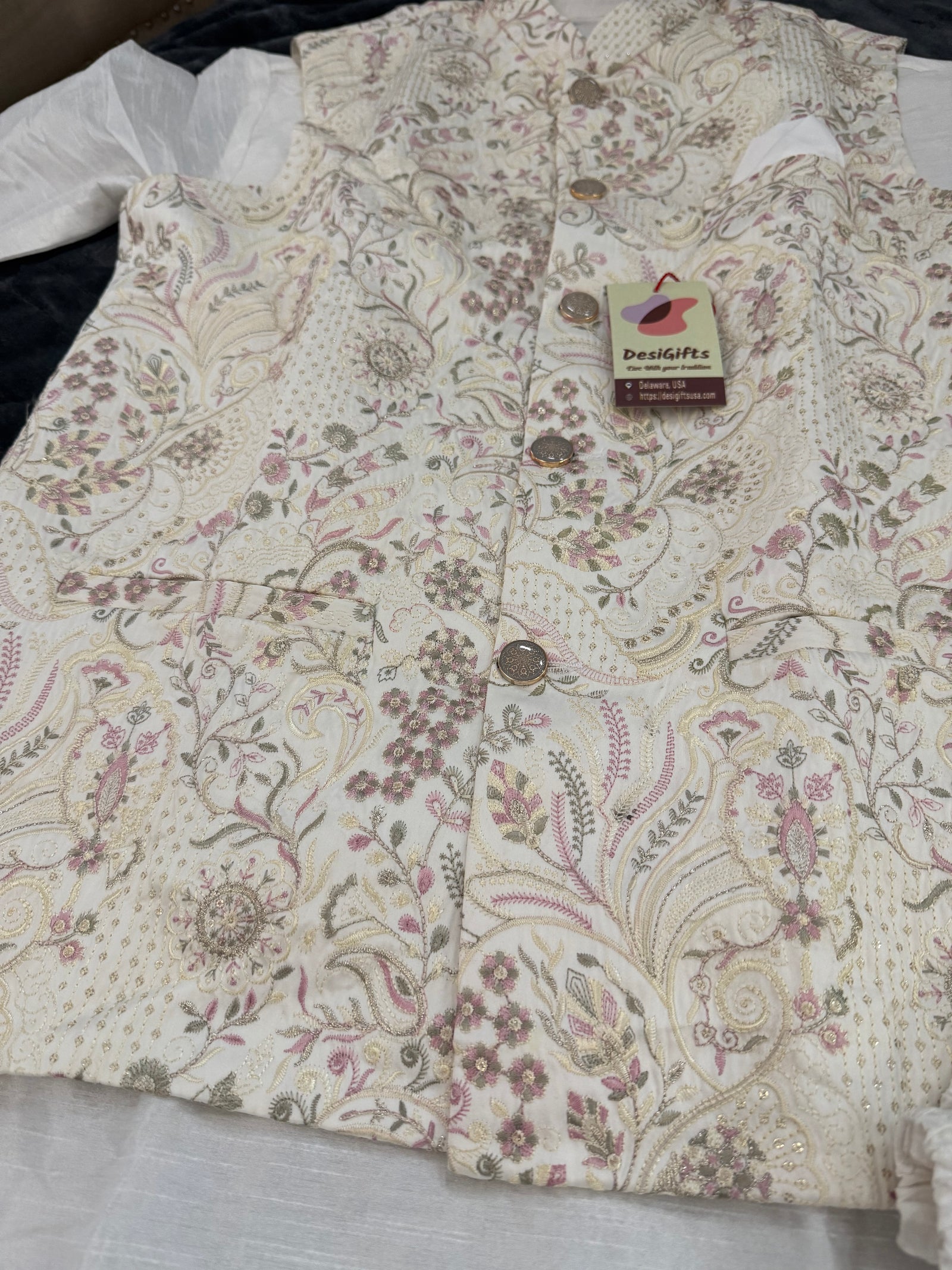 Elegant 3 Piece Cream Kurta Pajama with Jacket  Embroidered Set for Man, Cotton Silk, Indian Wedding Partywear, DM - 1885