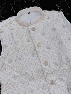 Luxury Cream Bead & Sequin Embroidered Nehru Jacket for Men – Heavy Thread Work Wedding Waistcoat | J-3034