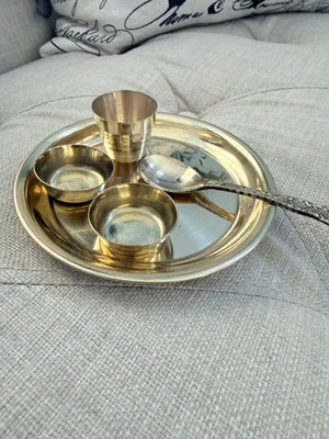 Brass Laddu Gopal Ji Thali Set – 5" Pooja Plate with 2 Bowls, Glass & Spoon | 5-Piece Bal Gopal Bhog & Seva Set- 498