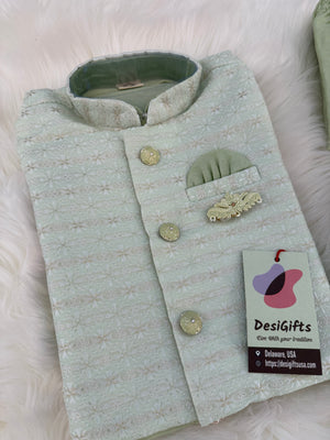 Green Shade 4 Piece Boy's Cotton  Silk Ethnic Kurta with Jacket, Dhoti and Pajama- Design B-2005
