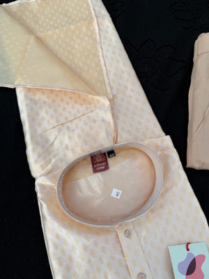 Soft Cream with Subtle Gold Motifs Kurta with Beige Trouser, 2 Piece Jacquard Silk Kurta Pajama Set, Man -2046