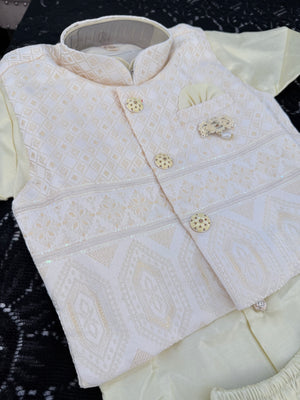 Boys Light Lemon Yellow Kurta Pajama Set with Geometric Self Design Jacket | Dhoti and Pajama | Indian Wedding Festive Ethnic Wear for Kids, B-4056