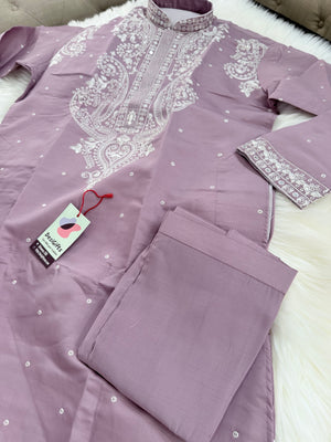 Lavender Shade Trendy Kurta Pajama for Men with Intricate White Embroidery, Wedding & Festive Indian Outfit, KP-1417