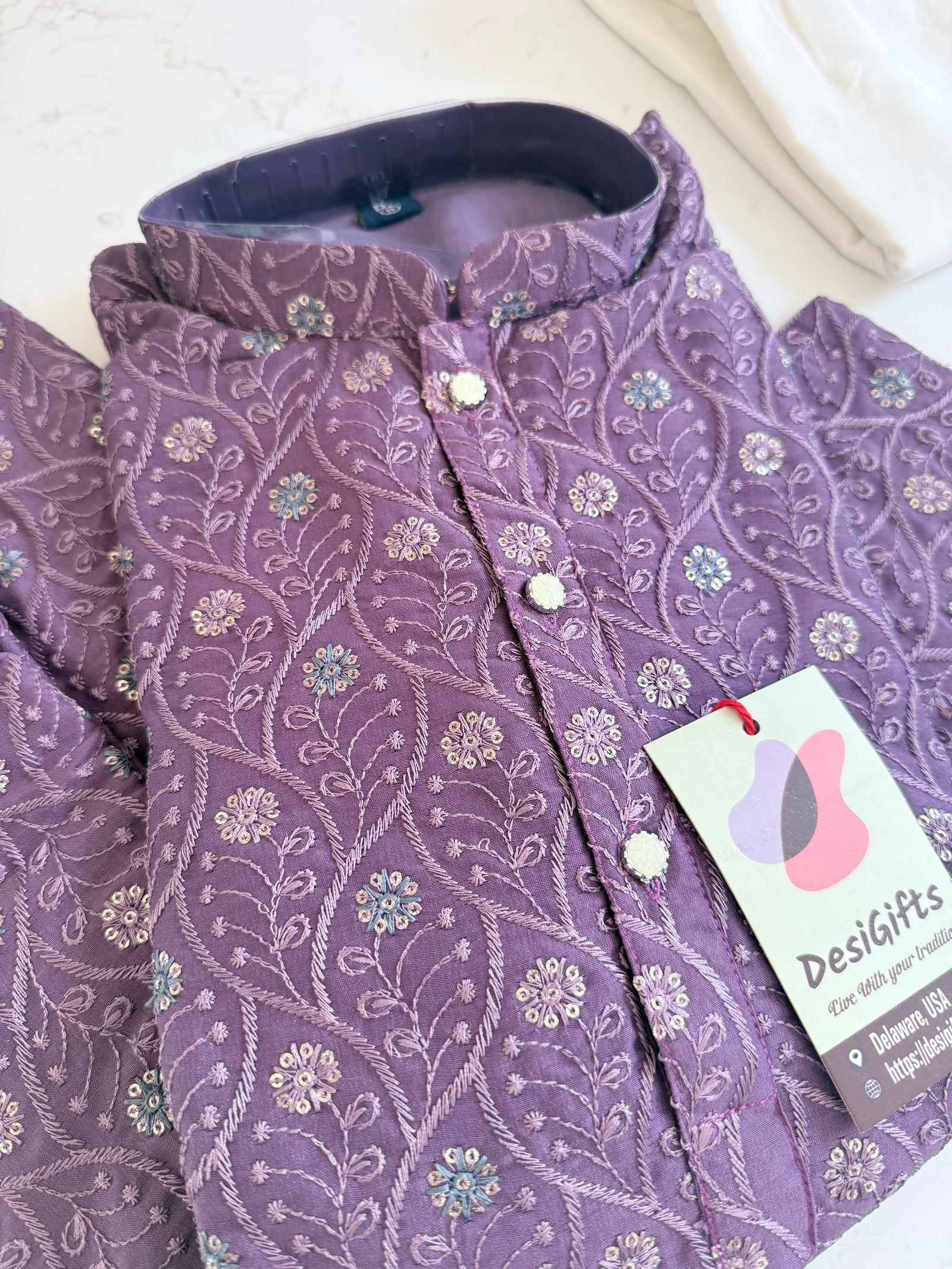 Pre-Teen and Teen Boy's Chikankari Embroidered Rayon Kurta Pajama with Sequins , Purple Shade, - BOY-2006