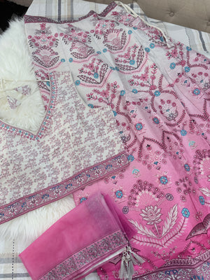 Pink & Ivory Floral Printed Lehenga Choli Set with Dupatta – Ombre Digital Print, Mirror-Style Sequin Accents, Indian Wedding & Festive Wear, LHG-4012