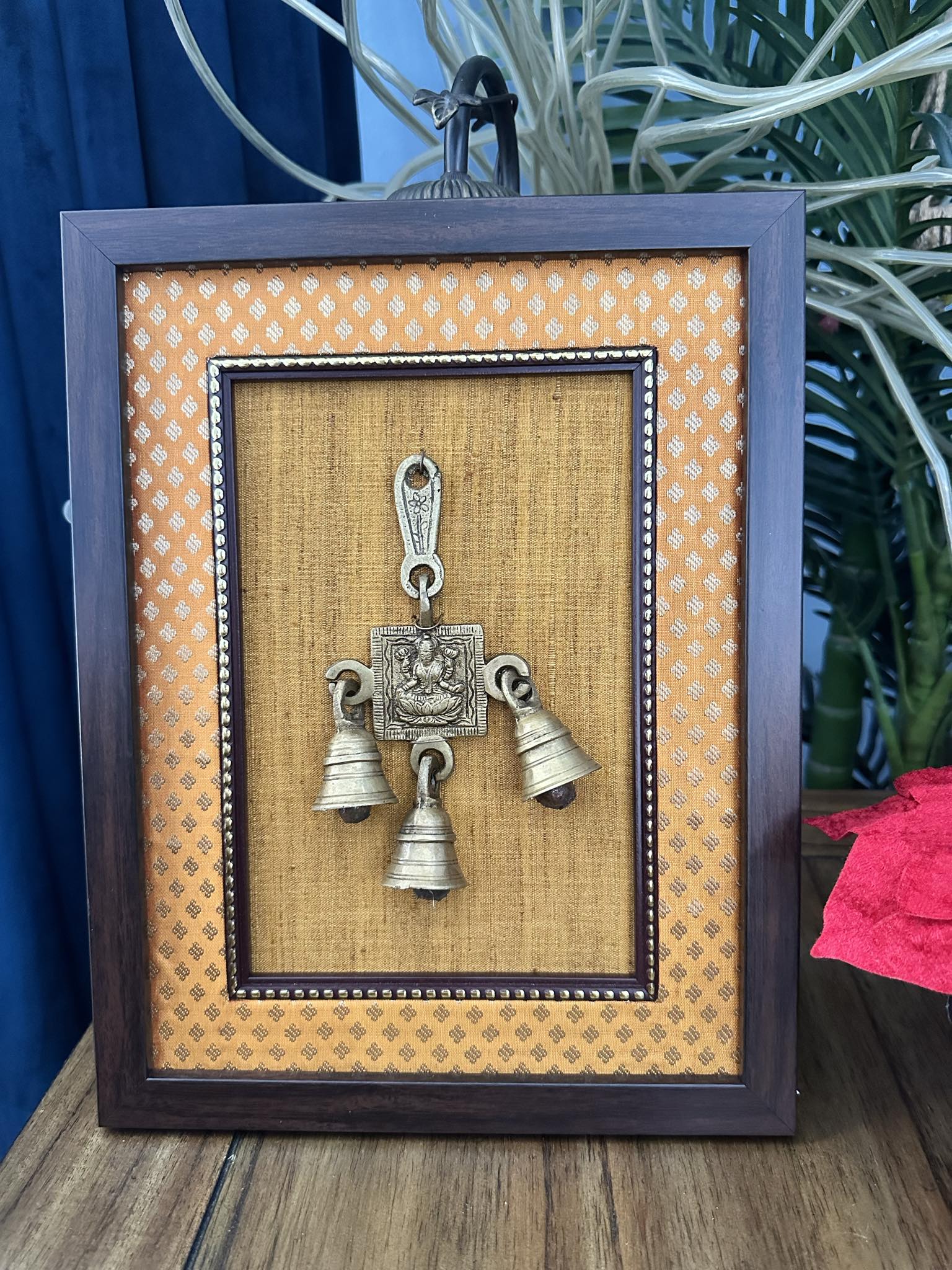 Handcrafted Antique Lakshmi ji Brass Bell Hanging on Silk Frame, BFD- 904