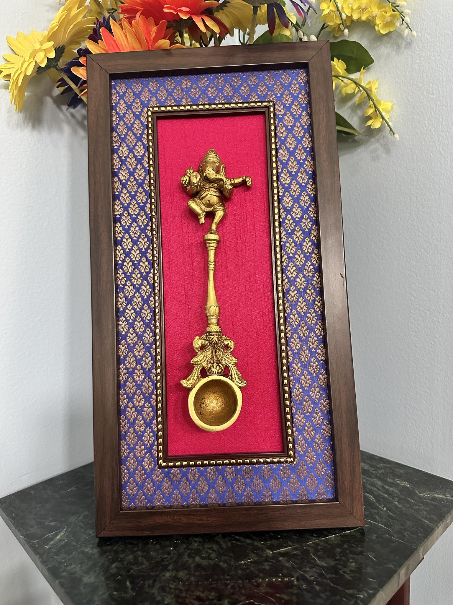 Handcrafted Dancing Ganesh Spoon Brass Hanging on Silk Frame with 3D Effect, BFD- 905