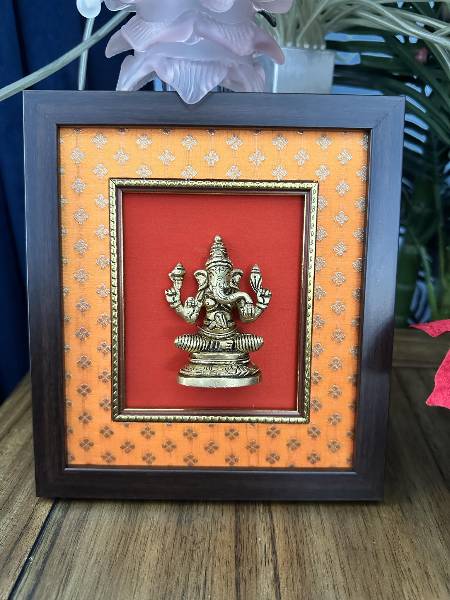 Handcrafted Ganesh Brass Hanging on Silk Frame with 3D Effect, BFD- 906