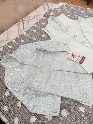 Boy's GreenSky blue Shade Cotton Silk 3 Piece Indo Western Outfit,  Embroidered  Sequins Long Jacket with Pant , Boy's Sherwani Dress - B-3052