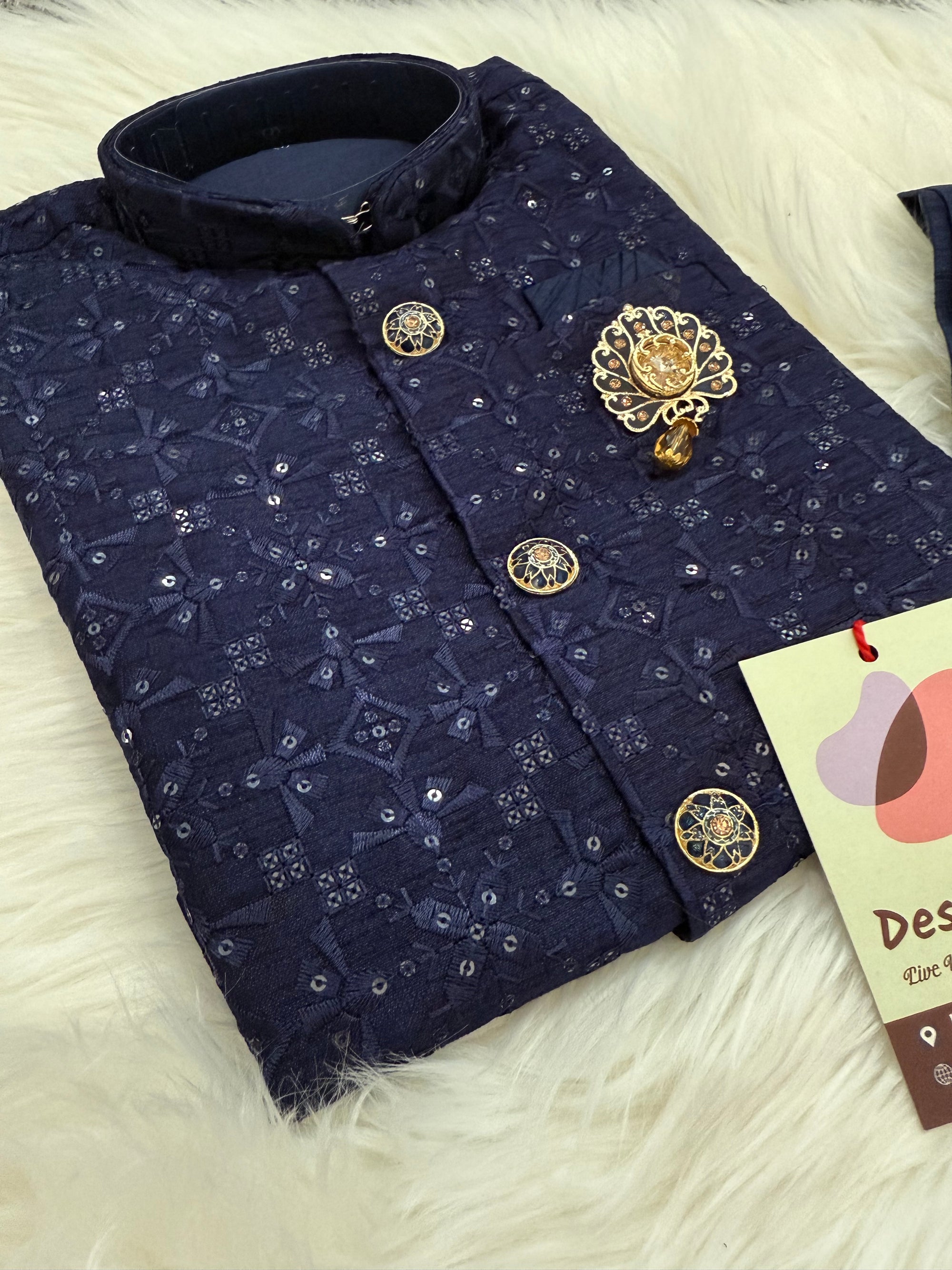 3 Piece Boy's Cotton Silk Kurta Dress with Embroidered Sequins Jacket and Pajama, Blue Shade- Design B-1588