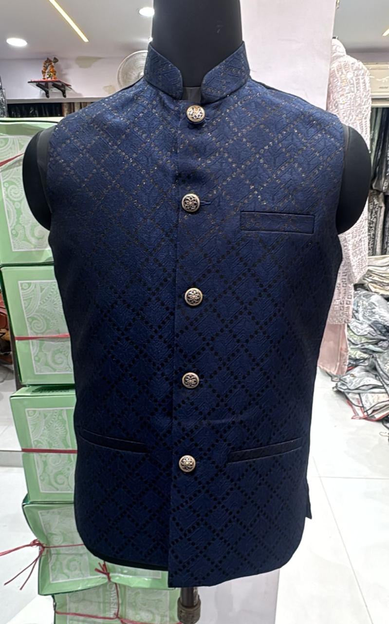 Premium  Blue Black Shade Jacket for Men, Self Woven Silk Indian Waistcoat, Sadri, Stylish Ethnic Jacket, J - 1970