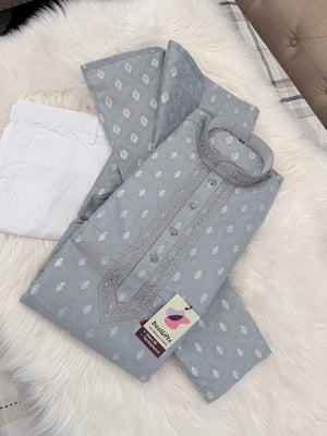 Men's Silver Gray Embroidered Kurta Pajama Set | Designer Indian Ethnic Wear with Trouser Style Pant Pants | Wedding, Eid & Diwali Outfit, KP-4085