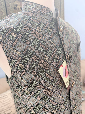 Men’s Black Brocade Nehru Jacket – Multicolor Woven Design Indian Wedding Waistcoat, Festive Modi Jacket, J-3074