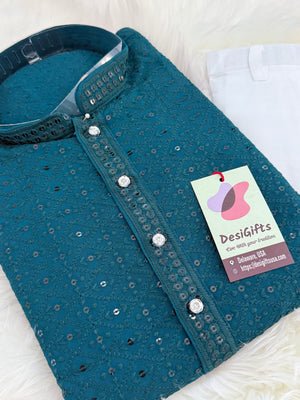 Teal Shade Chikankari Embroidery with Sequins 2 Piece Viscose Rayon Kurta Pajama Set, Indian Partywear Kurta SetKP-1979