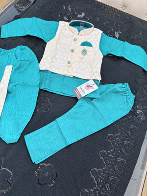 Kids Teal Green Kurta Dhoti and Pajama Set with Cream Sparkle Jacket, Boys Ethnic Wear, Festive Wedding Outfit B-2020