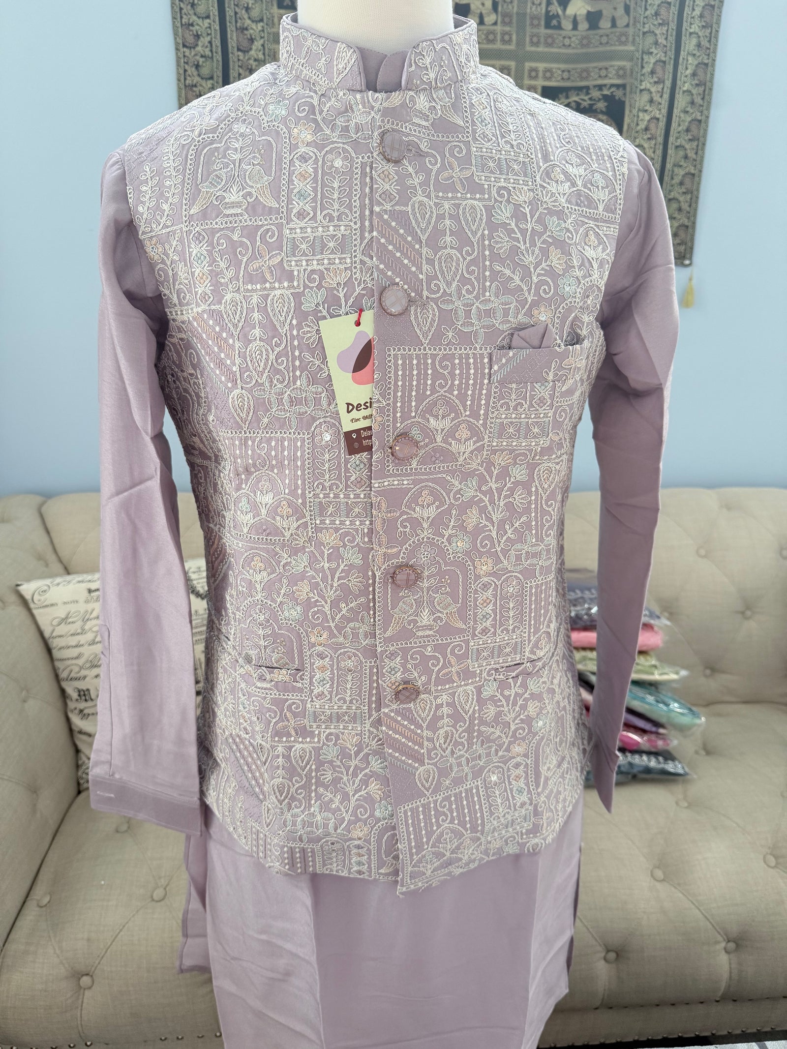Men’s Pastel Purple 3-Piece Kurta Pajama with Heavy Embroidered Jacket, Wedding & Festive Ethnic Wear, KPJ-3079