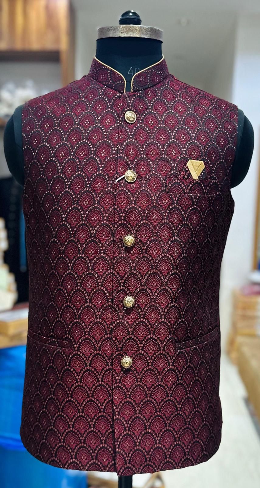 Men’s Elegant Jacket – Premium Festive & Wedding Waistcoat, Self Woven Silk Indian Sadri, Stylish Ethnic Jacket, J-2083