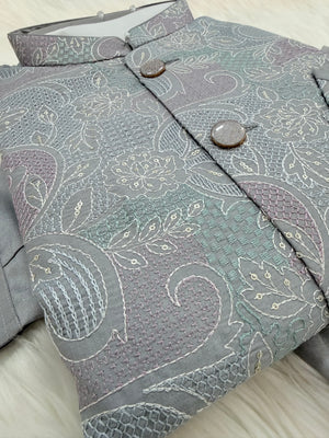 Luxury Everlasting Gray Silk 3-Piece Kurta Pajama with Stylish Jacket, Men’s Festive & Wedding Wear Set, KPJ-2032