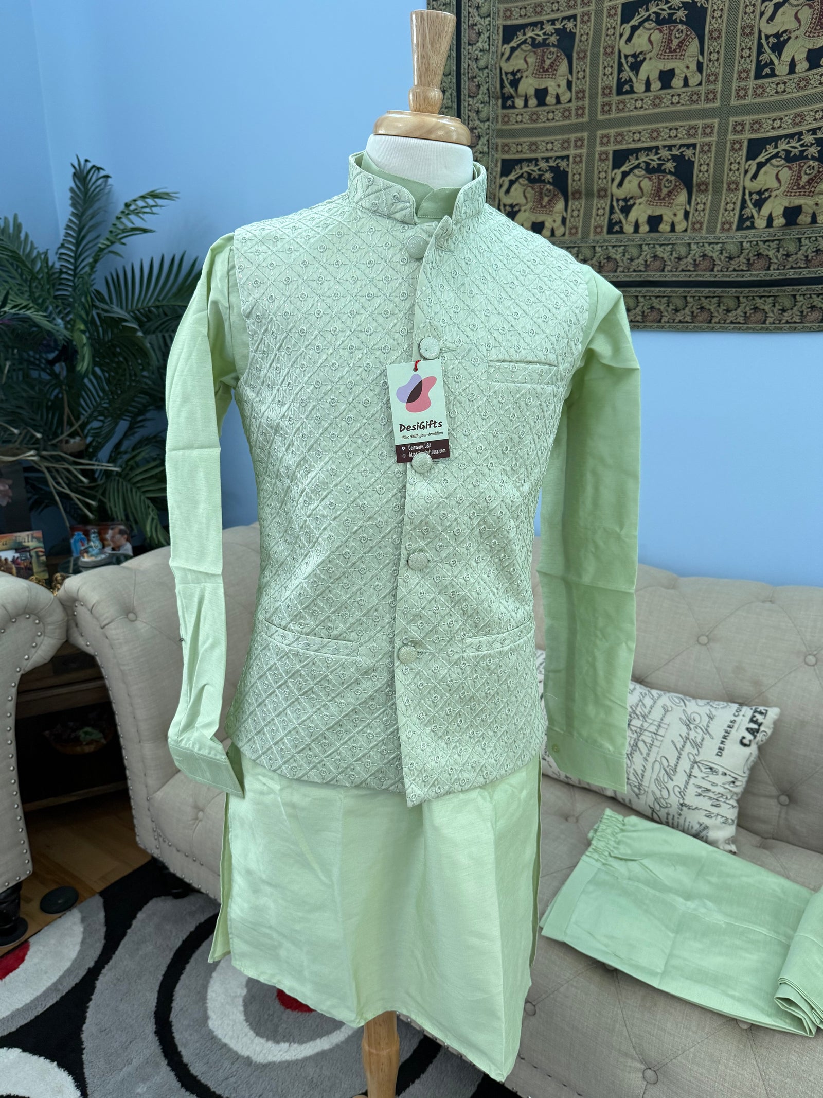 Pastel Green Shade 3 Piece Kurta Pajama, Pant Style, with Embroidered Sequins Jacket Set-Silk Fabric, JKP- 1924