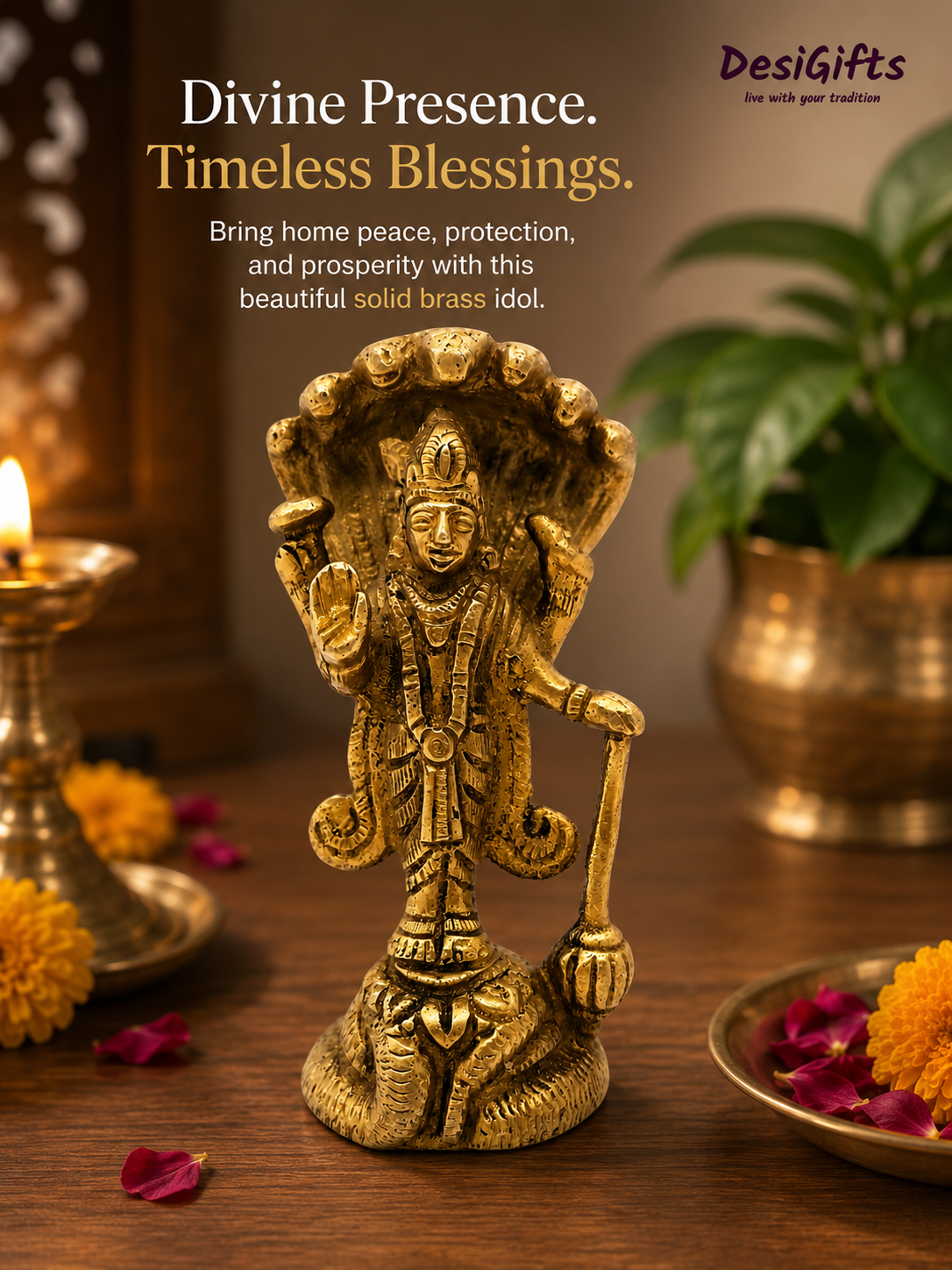 3.5" Traditional Brass Vishnu Bhagwan Idol on Sheshnag – Auspicious Home Temple Décor, VB - 921