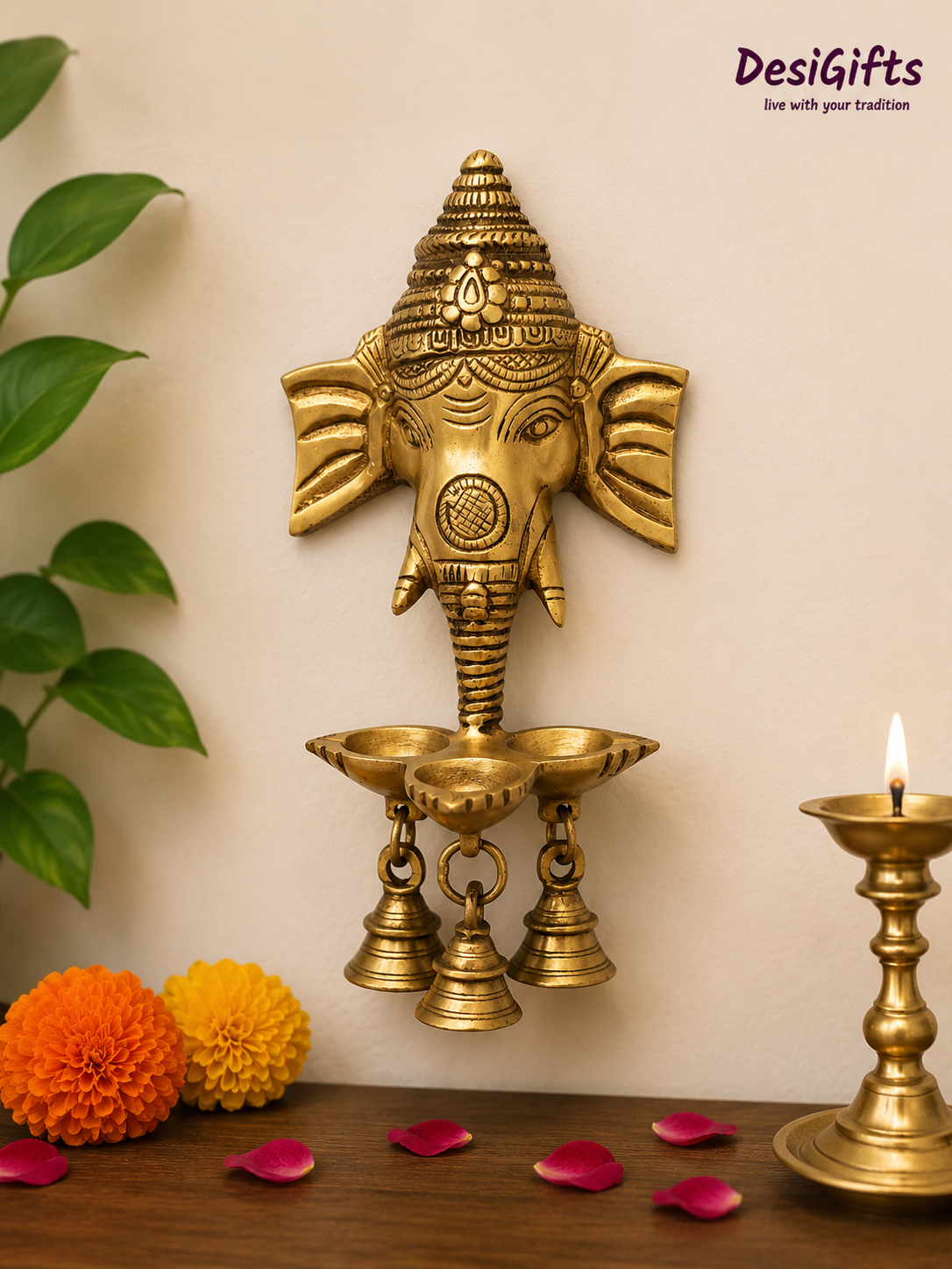 Indian Brass Ganesha Wall Hanging Lamp – Traditional Deepak with Bells for Festivals & Gifting, GHDB- 176