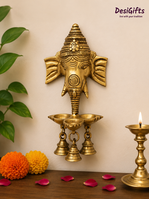 Indian Brass Ganesha Wall Hanging Lamp – Traditional Deepak with Bells for Festivals & Gifting, GHDB- 176