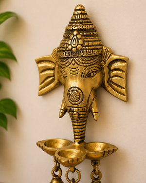 Indian Brass Ganesha Wall Hanging Lamp – Traditional Deepak with Bells for Festivals & Gifting, GHDB- 176