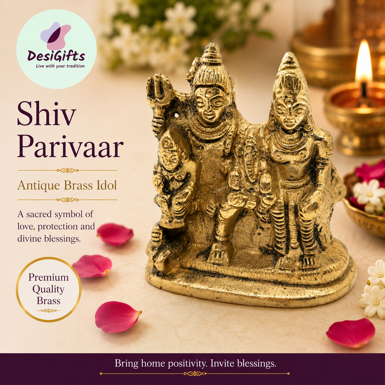 2.5" Small Brass Lord Shiv Parivaar Statue – Lord Shiva, Parvati, Ganesha & Kartikeya Idol for Home Decor Design: SPM - 923