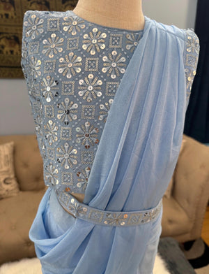 Readymade Saree  in Pastel Blue Shade for Girls with sequins Blouse, Indian Ethnic Outfit, GRL -1898