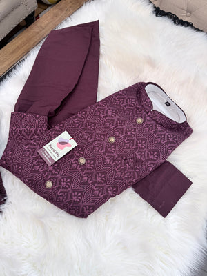 Men’s Wine 3-Piece Kurta Pajama Set with Pant Style Bottom & Embroidered Jacket, Silk Ethnic Wear, TPKP-2030