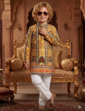 Multishade Boys’ Rayon Kurta Pajama Set with Sequins Work, Designer Printed Ethnic Outfit for Kids, Festive Wear – BOY-2088