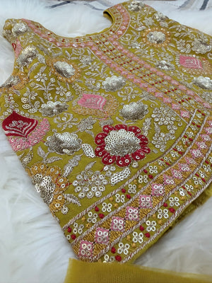 Girls Mustard  Yellow Zari Embroidered Lehenga Choli Set with Dupatta, Traditional Indian Ethnic Wear for Kids, Wedding & Festival Outfit, GRL-3070