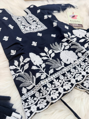 Girls Navy Blue Embroidered Sharara Suit Set with Dupatta, White Thread Work Ethnic Outfit for Kids, Party & Festival Wear, GRL-3001