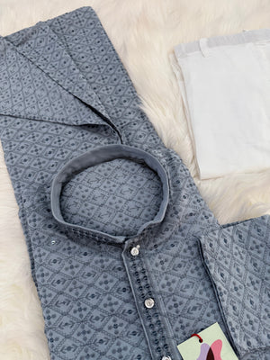 Gray Chikankari Rayon with Sequins 2 Piece Kurta Pajama Set, Father or Son's Outfit, DM -1981