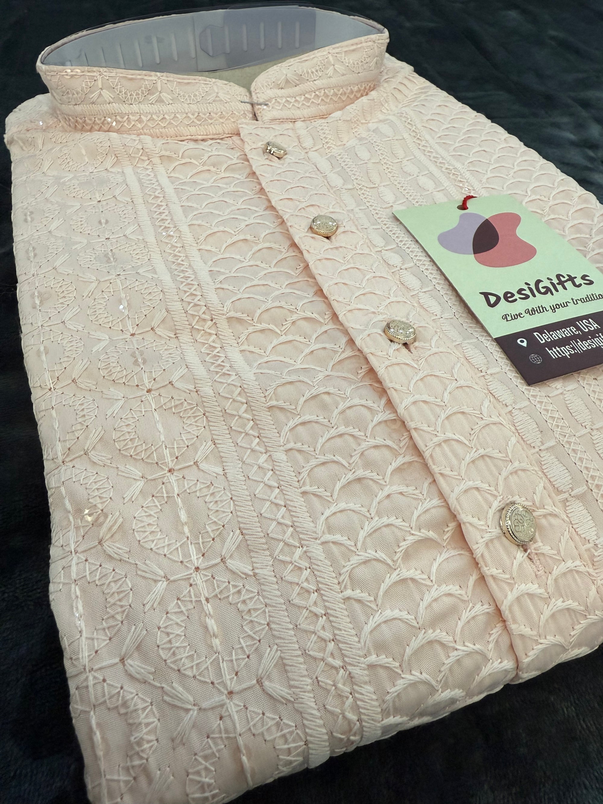 Pastel Peach Shade Chikankari Rayon with Sequins 2 Piece Kurta Pajama Set, Father & Son's Outfit, DM -1807