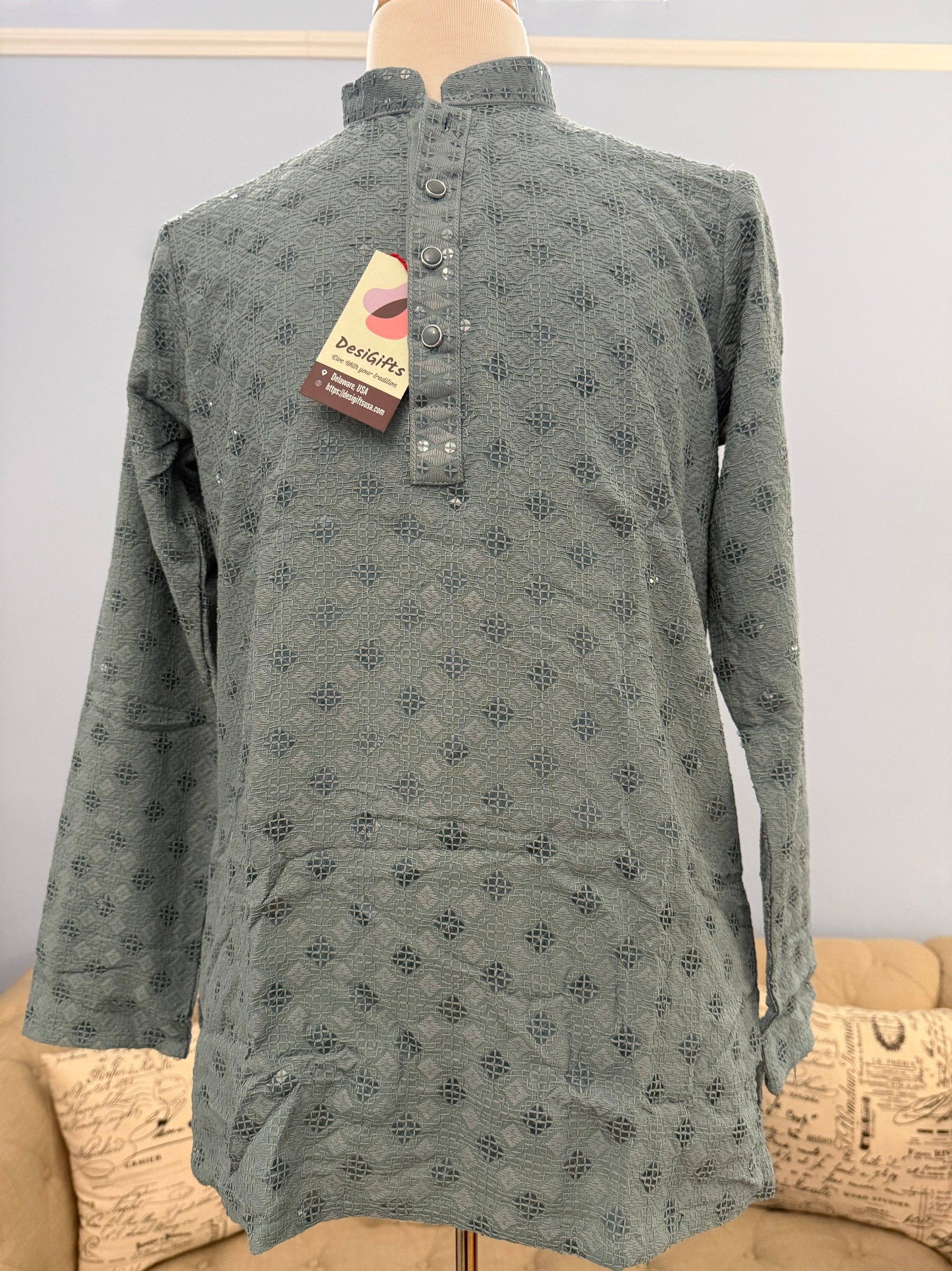 Gray Chikankari Shirt-Style Short Kurta with Sequins – Ethnic Casual Kurta SK - 1933