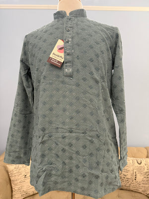 Gray Chikankari Shirt-Style Short Kurta with Sequins – Ethnic Casual Kurta SK - 1933